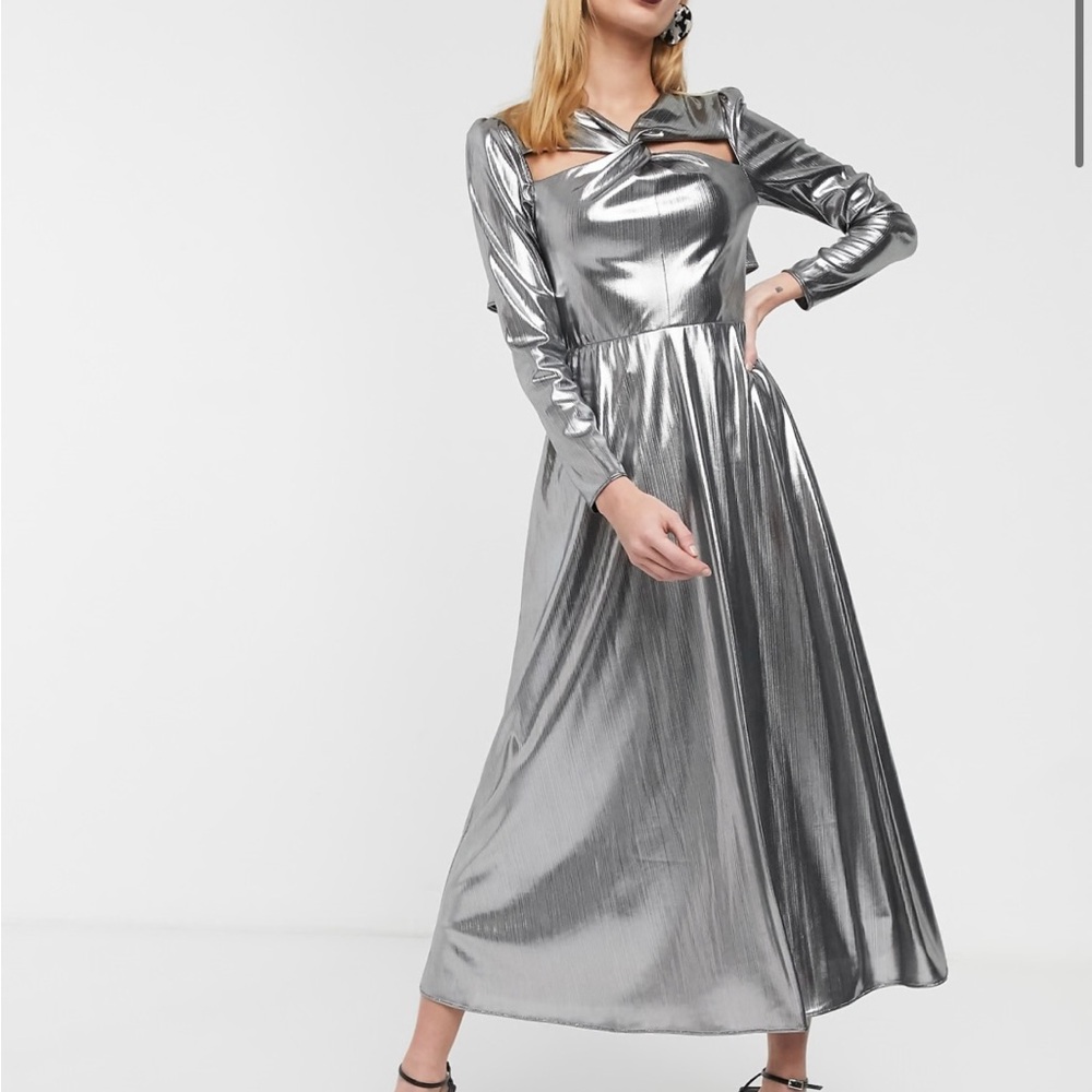 ASOS WHITE Metallic Long Sleeve Dress US 8